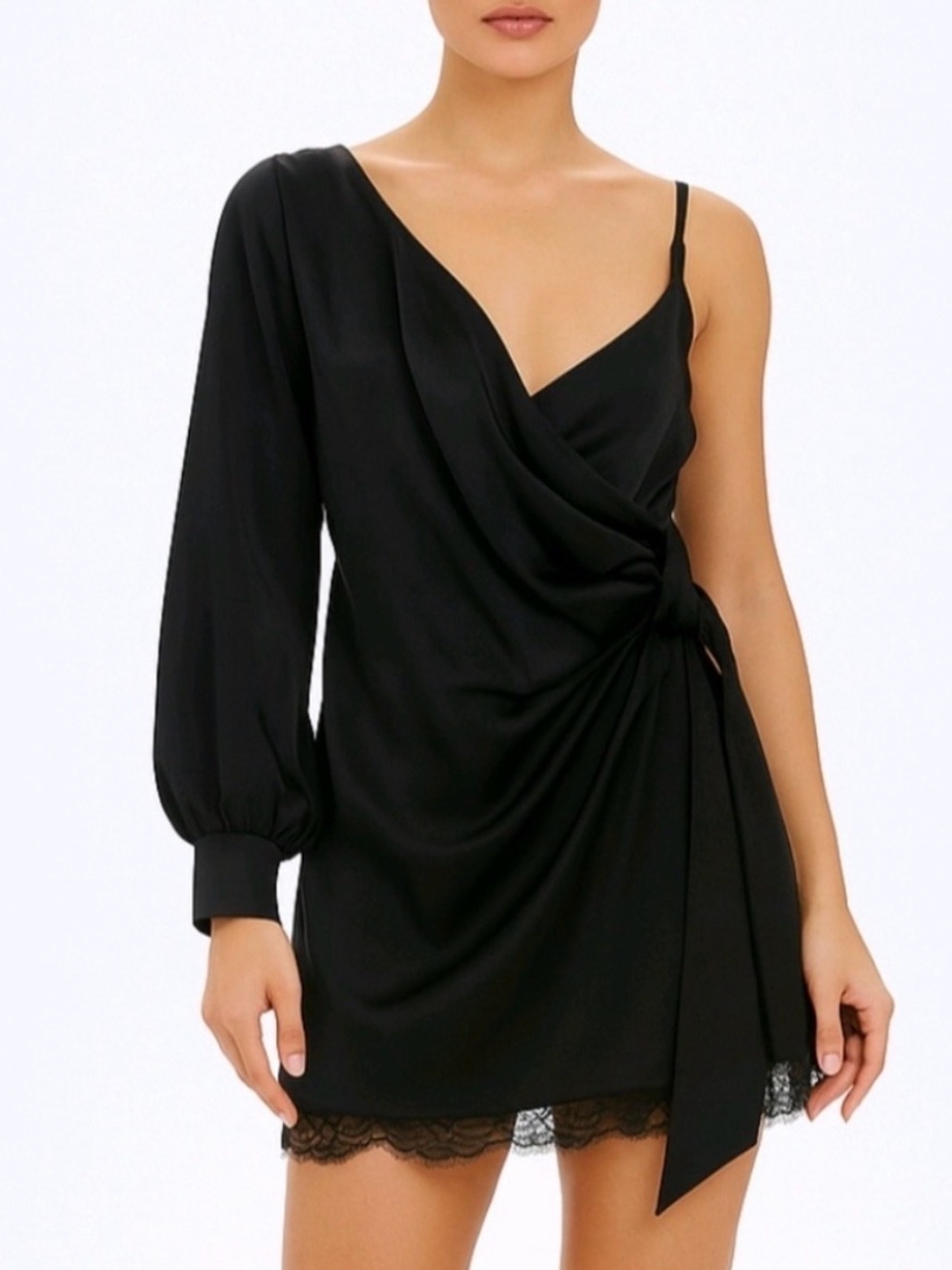 Black Asymmetrical One-Shoulder Draped Mini Dress with Lace Hem